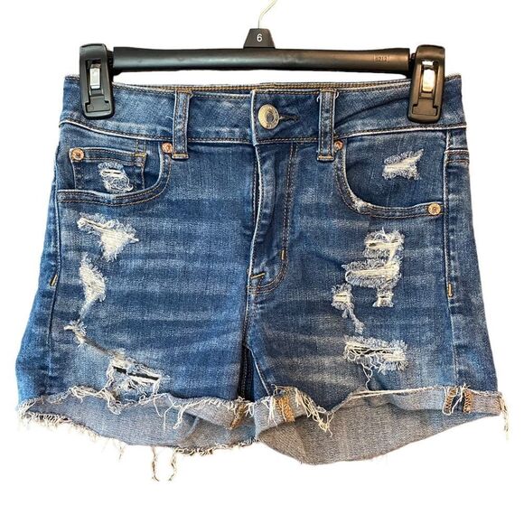 American Eagle Sz 0 Blue Denim Distressed Hi-Rise Shortie Super Stretch Shorts - Picture 1 of 6